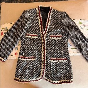 Zara Women's Tweed Blazer - Black, White, Red